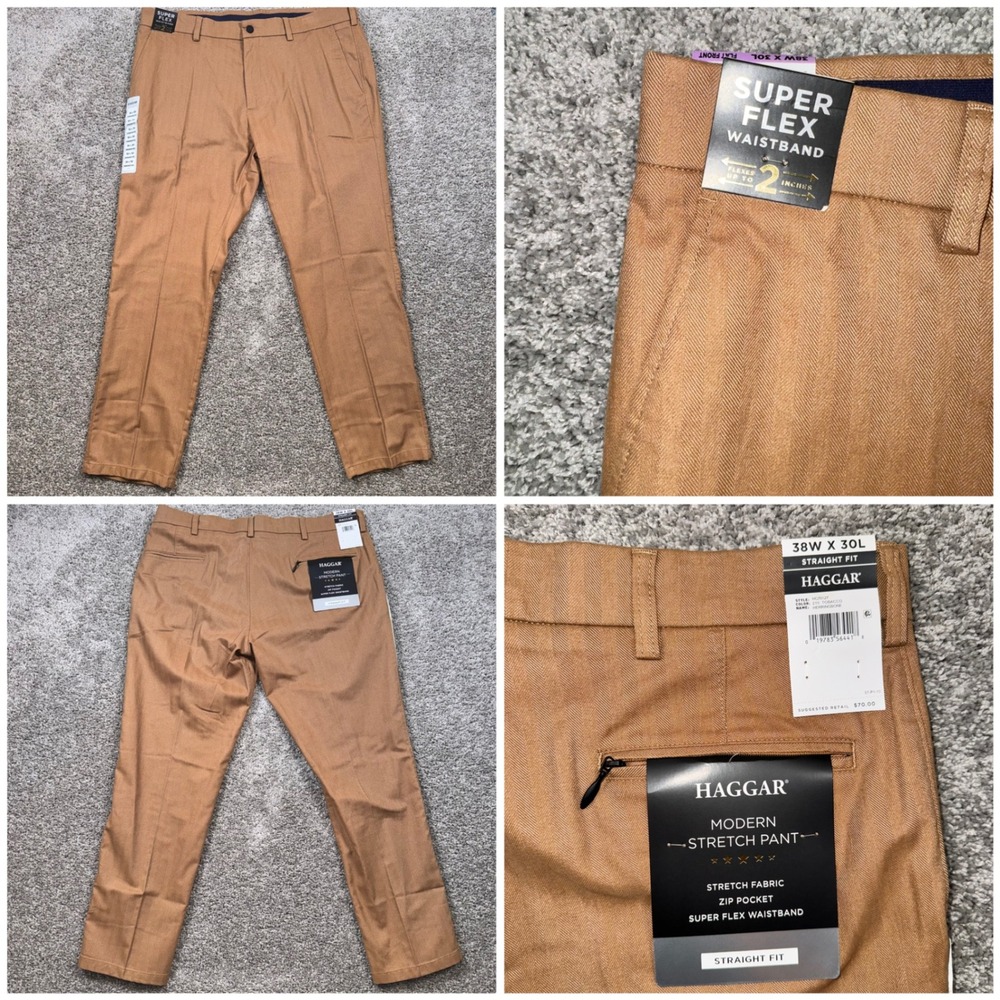 Haggar Modern Stretch Pants Mens Herringbone Tobacco Brown 38x30 NEW